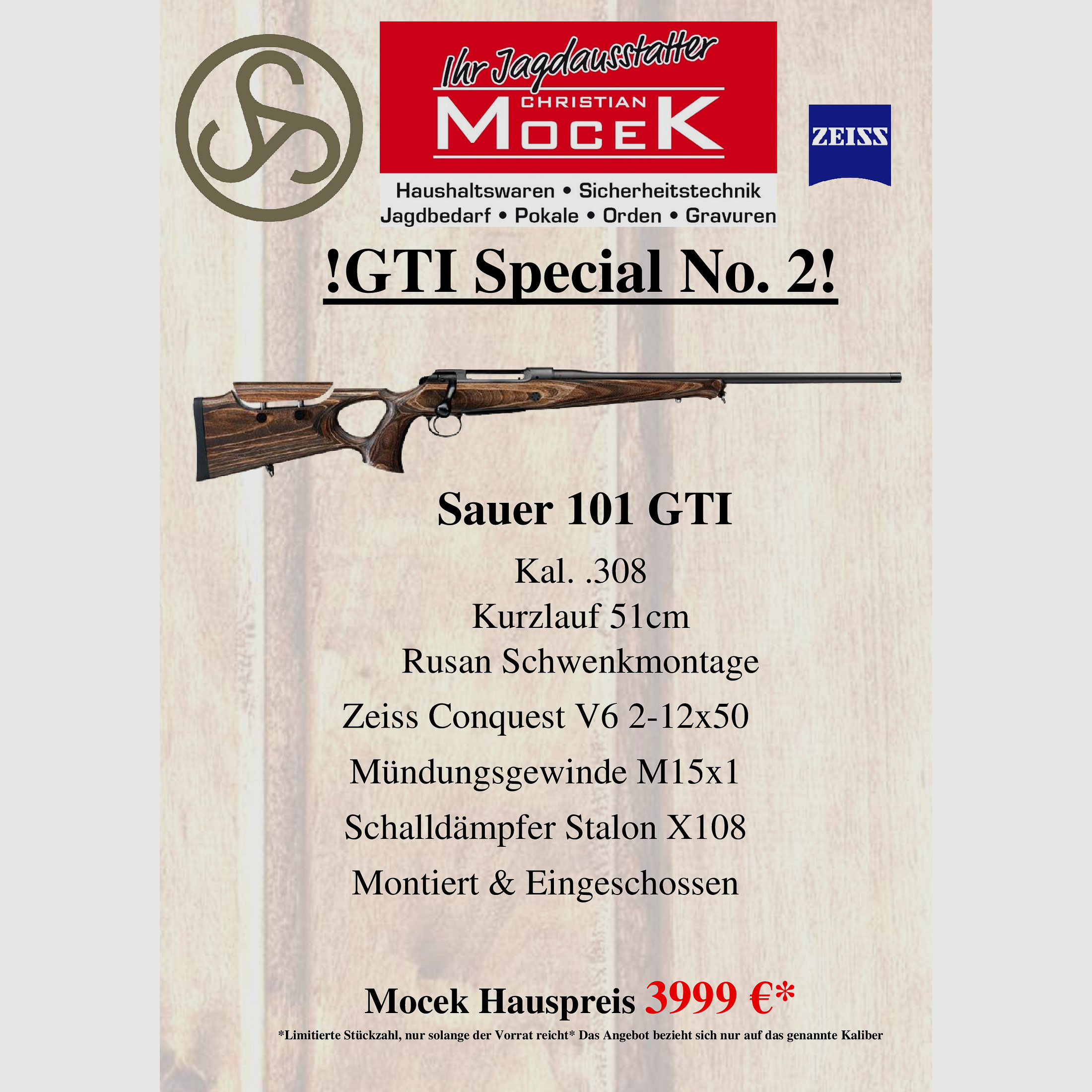 Sauer 101 GTI, mit Zeiss Conquest V6 2-12x50 M, mit Schiene