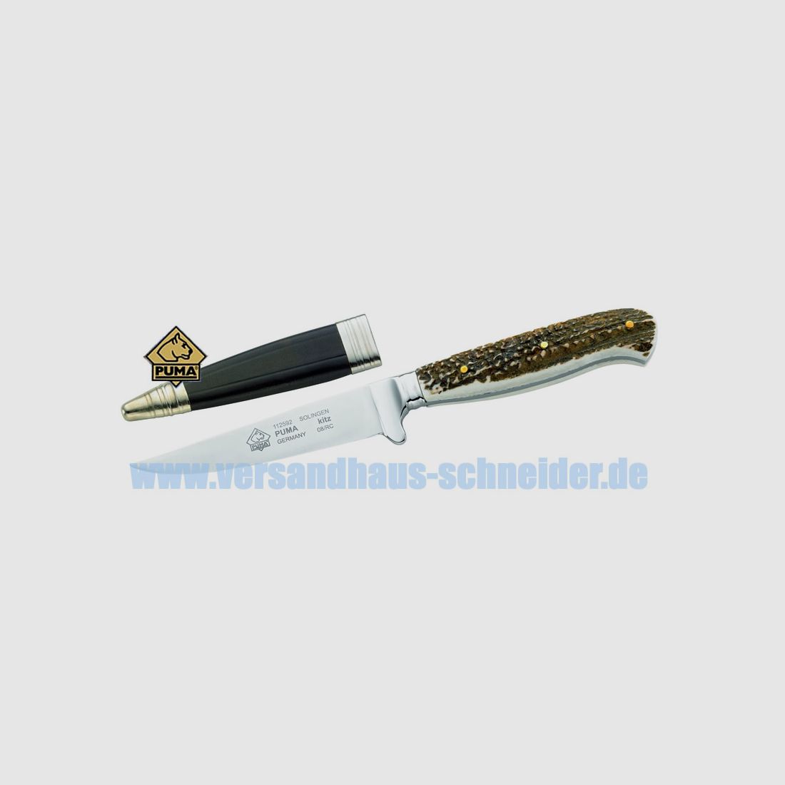 Puma Jagdmesser, Modell Kitz, Stahl 1.4034, Hirschhornschalen, Lederscheide P18)
