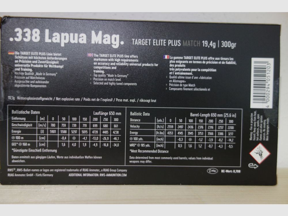 RWS Target Elite Plus .338 Lapua Mag 19.44g - 300grs BTHP