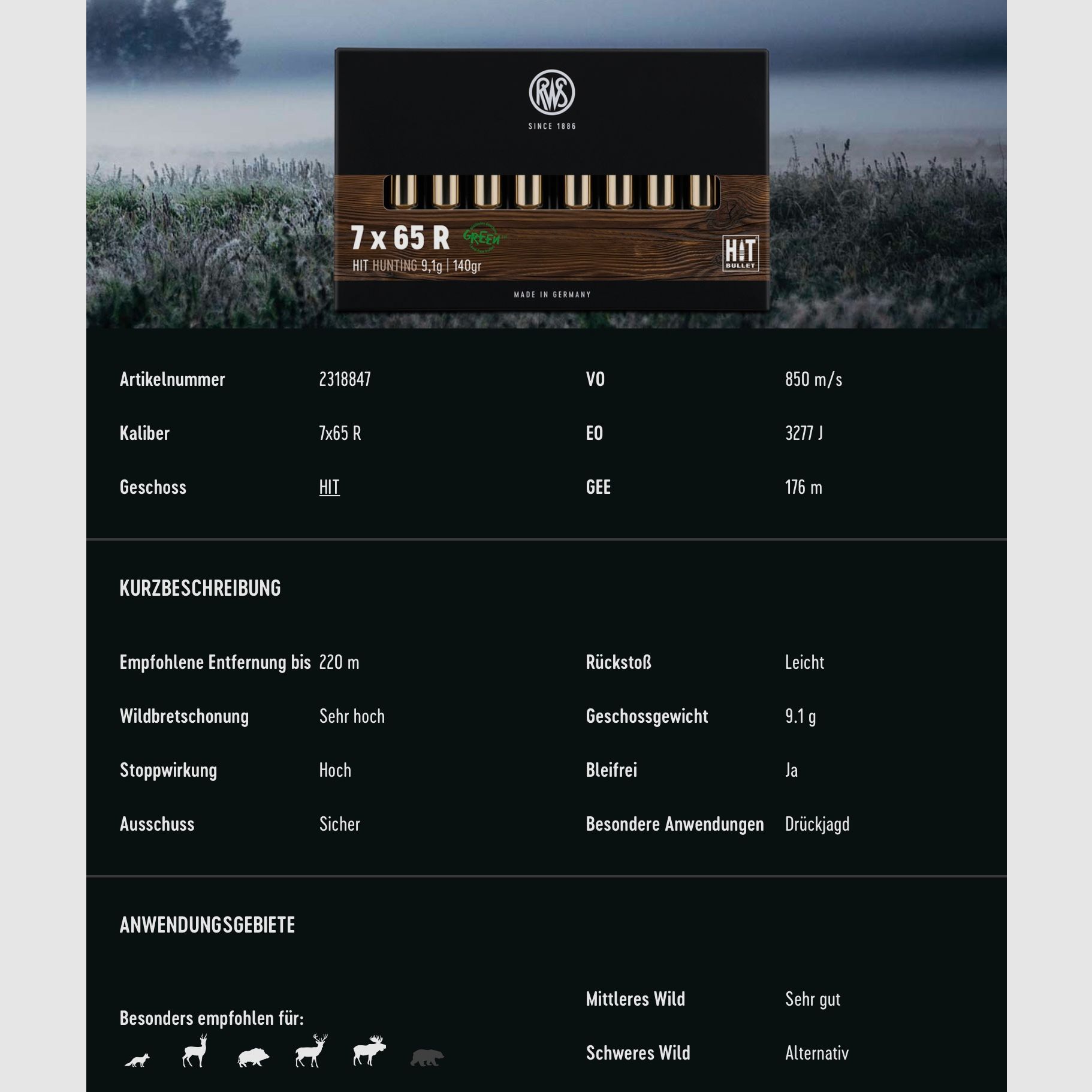 RWS 2318847 Büchsenpatronen 7x65 R HIT 9,1g 140 gr Bleifrei