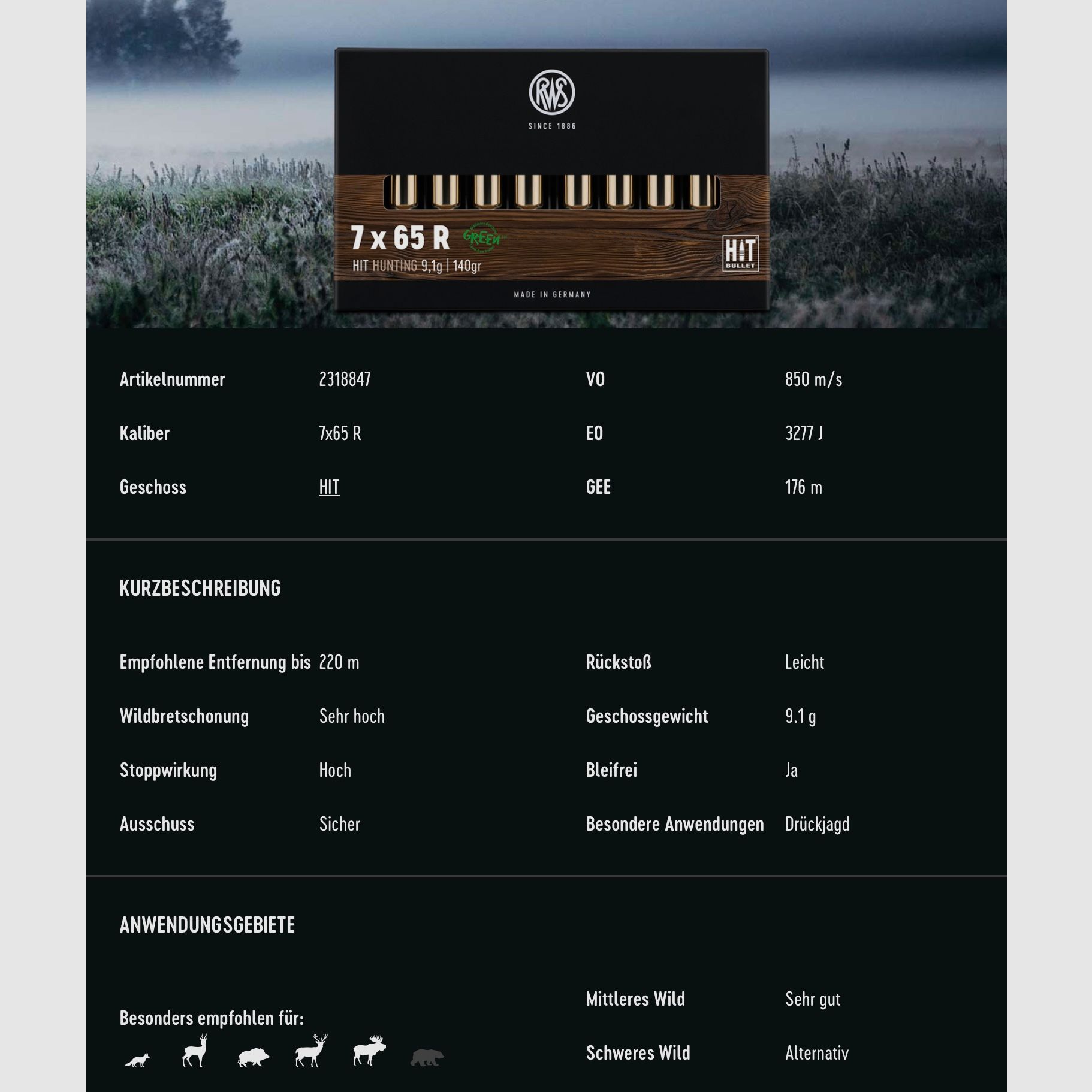 RWS 2318847 Büchsenpatronen 7x65 R HIT 9,1g 140 gr Bleifrei
