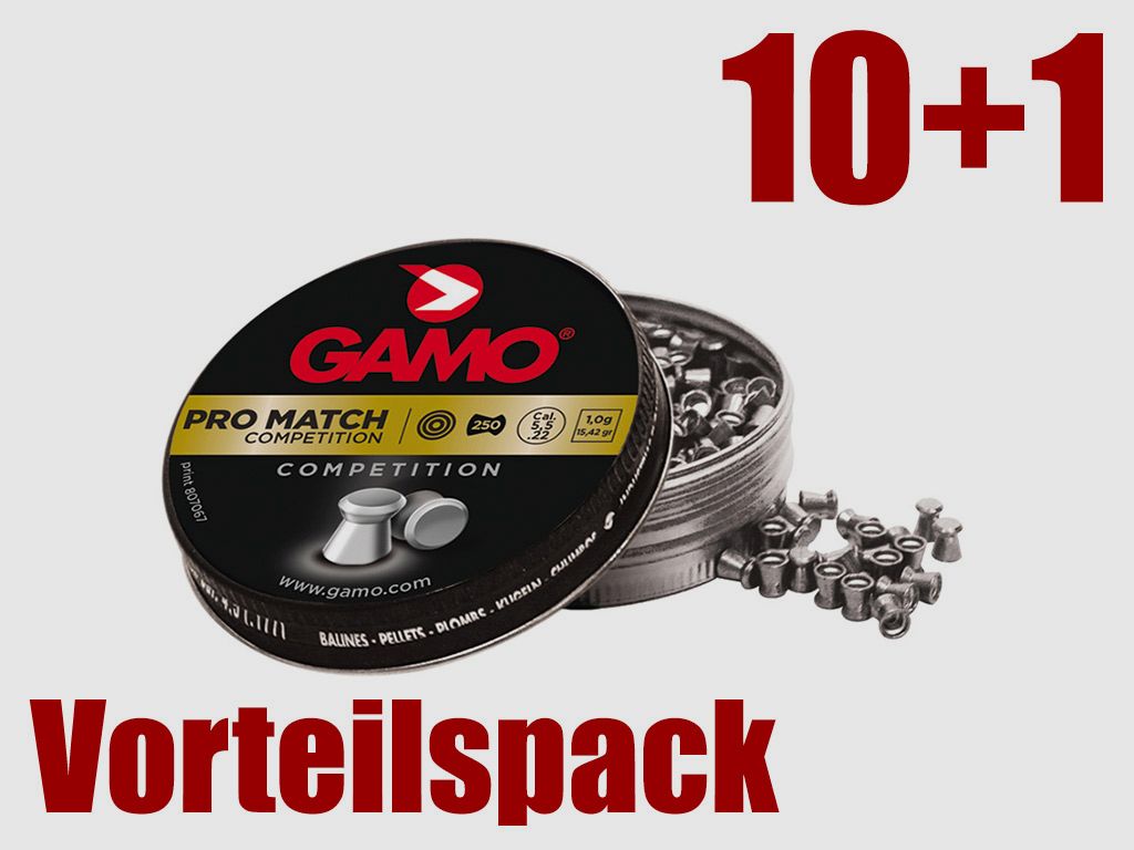 Vorteilspack 10+1 Flachkopf Diabolos Gamo Pro Match Kaliber 5,5 mm 1,0 g glatt 11 x 250 StĂĽck