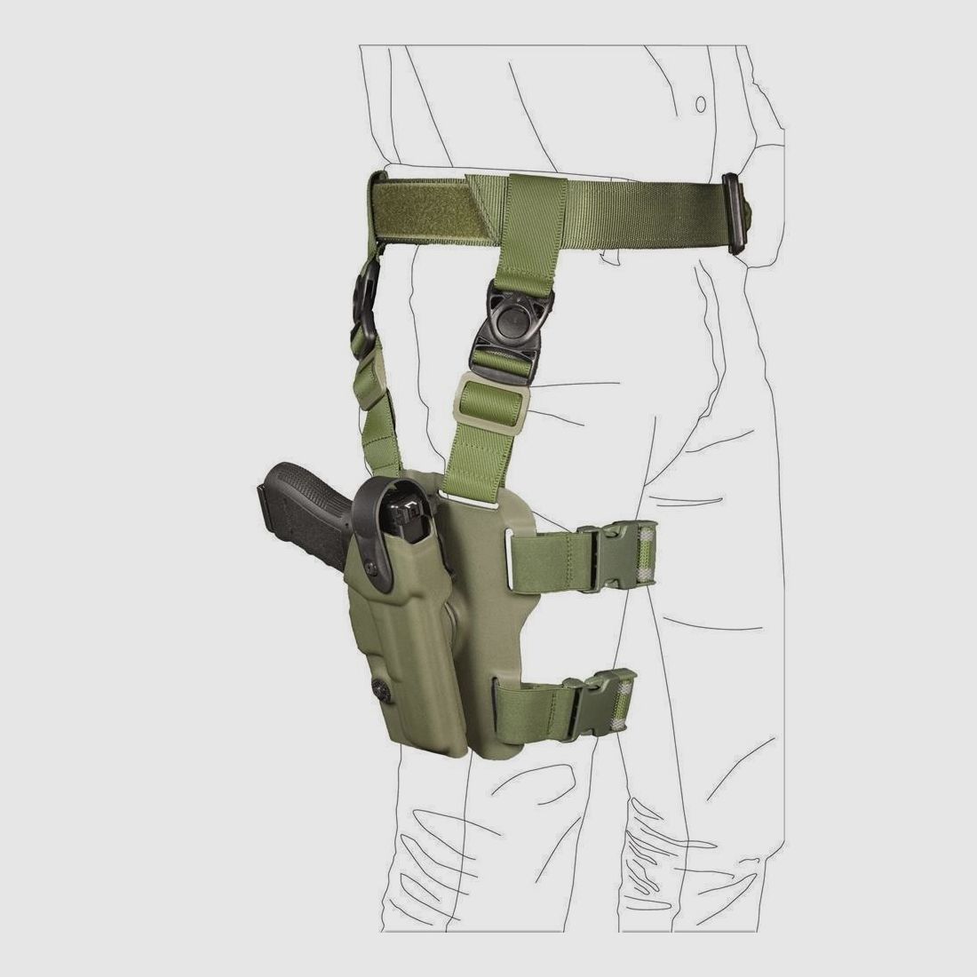 Taktisches Oberschenkelholster "LAND" mit Sicherheitslevel I Colt 1911 / Government,Para Ordnance P14/P16,Sig Sauer 1911,S&W 1911,Springfield 1911-OD Green-Rechtshänder