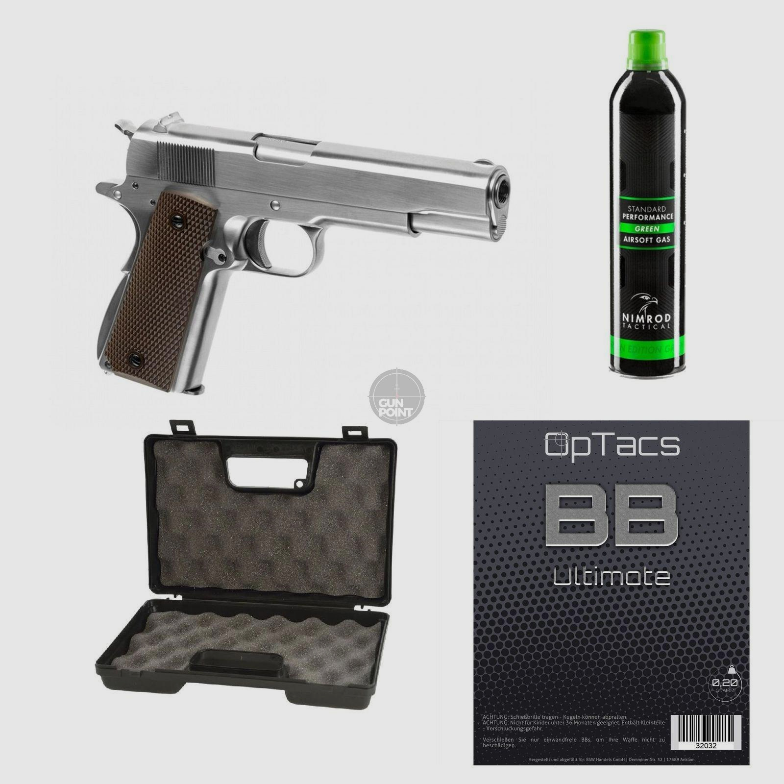 SET !!! Softair - Pistole - WE - M1911 Full Metal V3 GBB silver - ab 18, ber 0,5 Joule