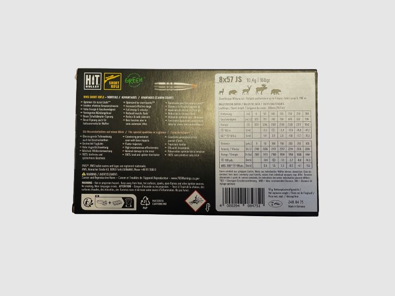 RWS 8x57 JS HIT Carabina corta 10,4 g 160 gr
