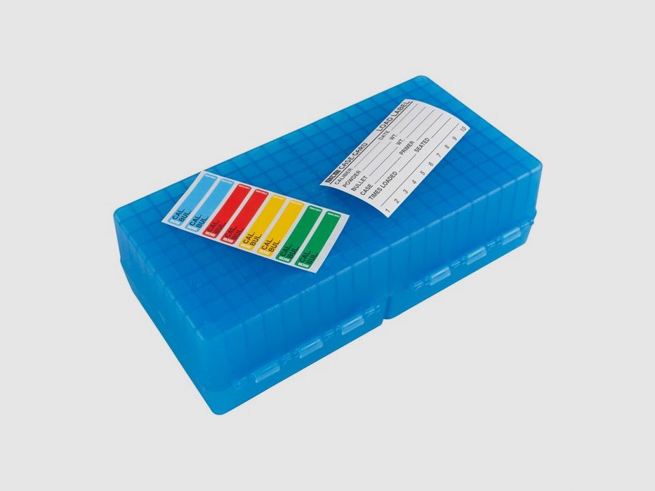 Caja de cartuchos MTM RS-200-24 azul transparente con tapa abatible para 200 cartuchos .223 y otros.