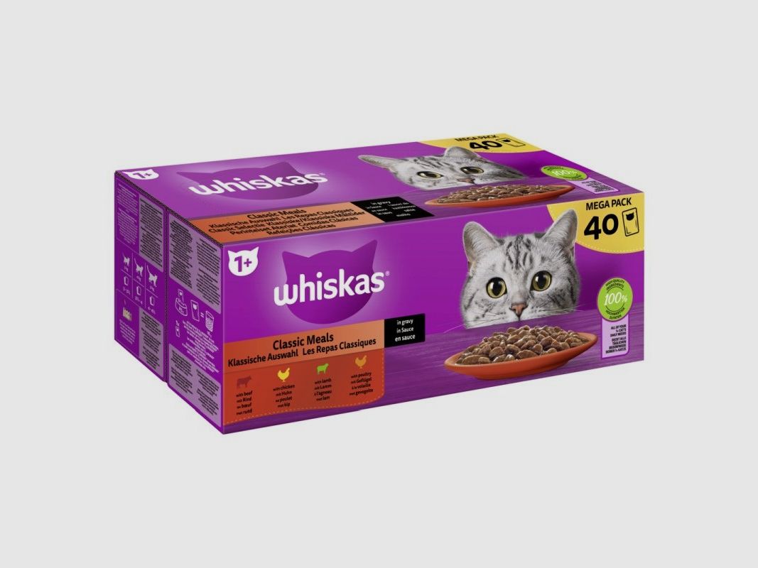 Whiskas Katzen Nassfutter Portionsbeutel in Sauce Multipack 1+ 40 x 85 g Klassische Auswahl