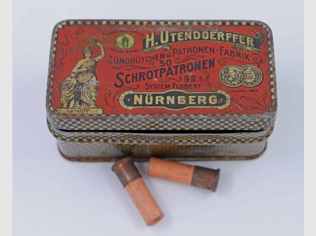 H. Utendoerffer, Neurenberg Flobert in originele blikken doos 9mm Flobert schot