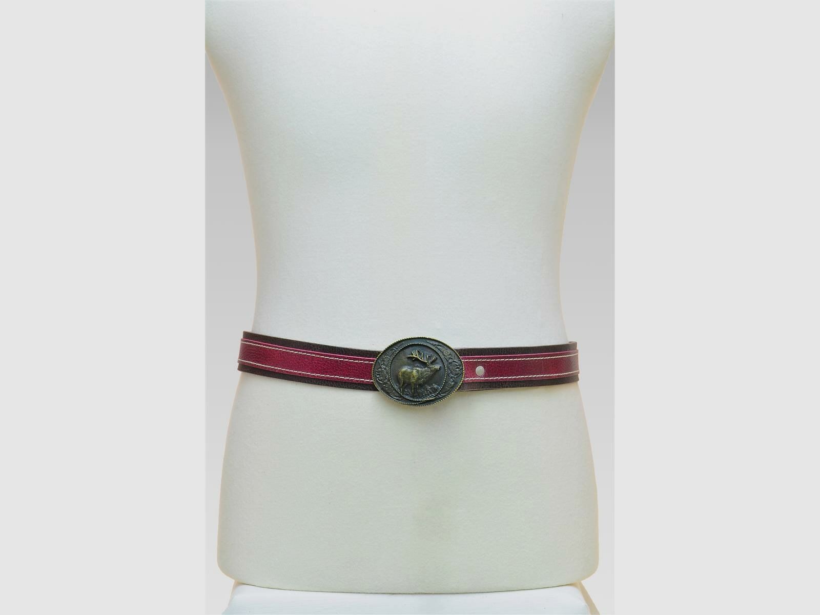 Luise Steiner Herrengürtel Hirsch an rot/braunem Leder 105 rot-braun