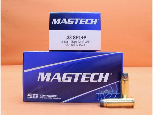 Magtech nabój .38Special Magtech 125grs SJHP (38) VE 50 nabojów (+P: zwiększone ciśnienie gazu!)/ 8,10g półpłaszczowy ostry czubek
