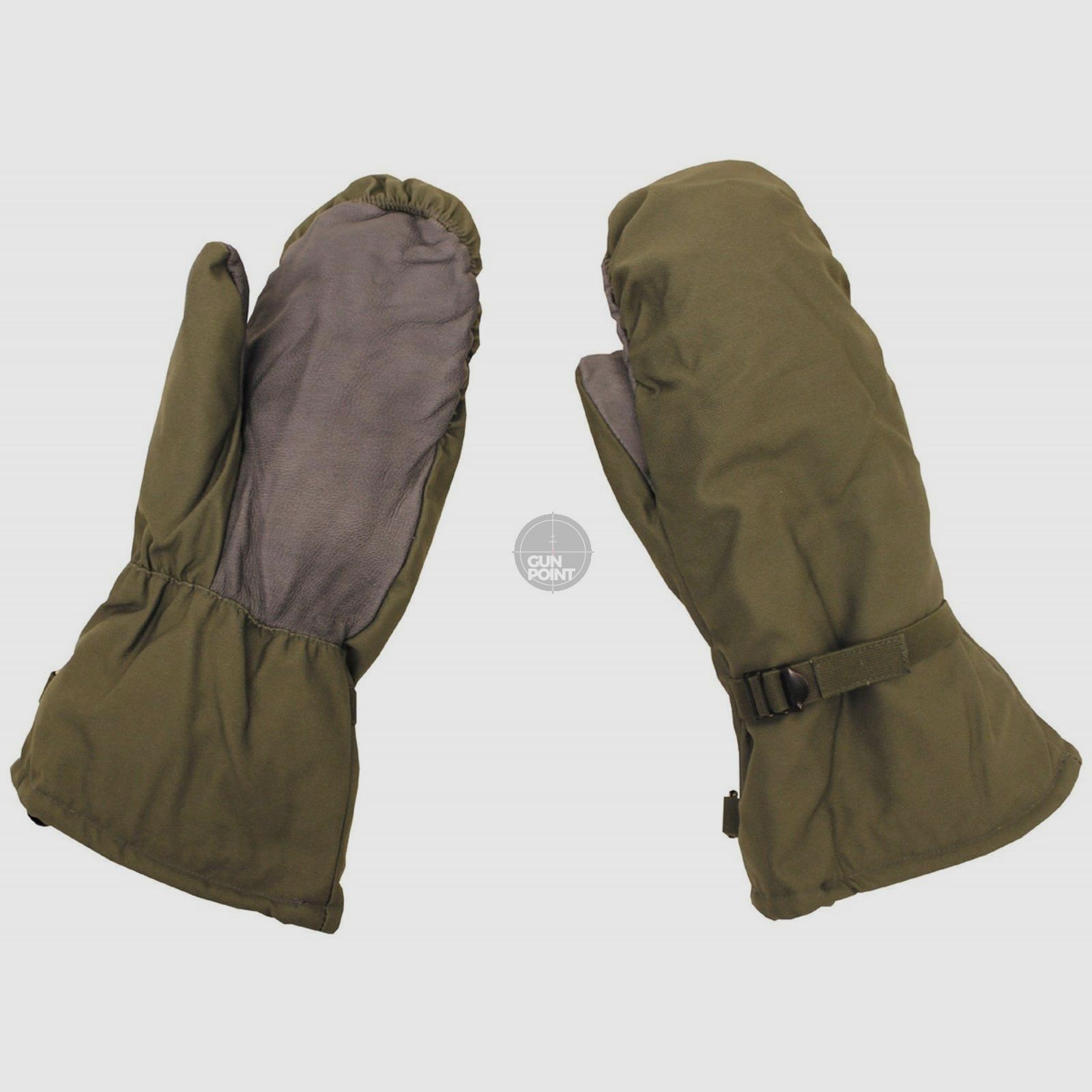 BW mittens, padded, leather trim, olive, like new - size: 8