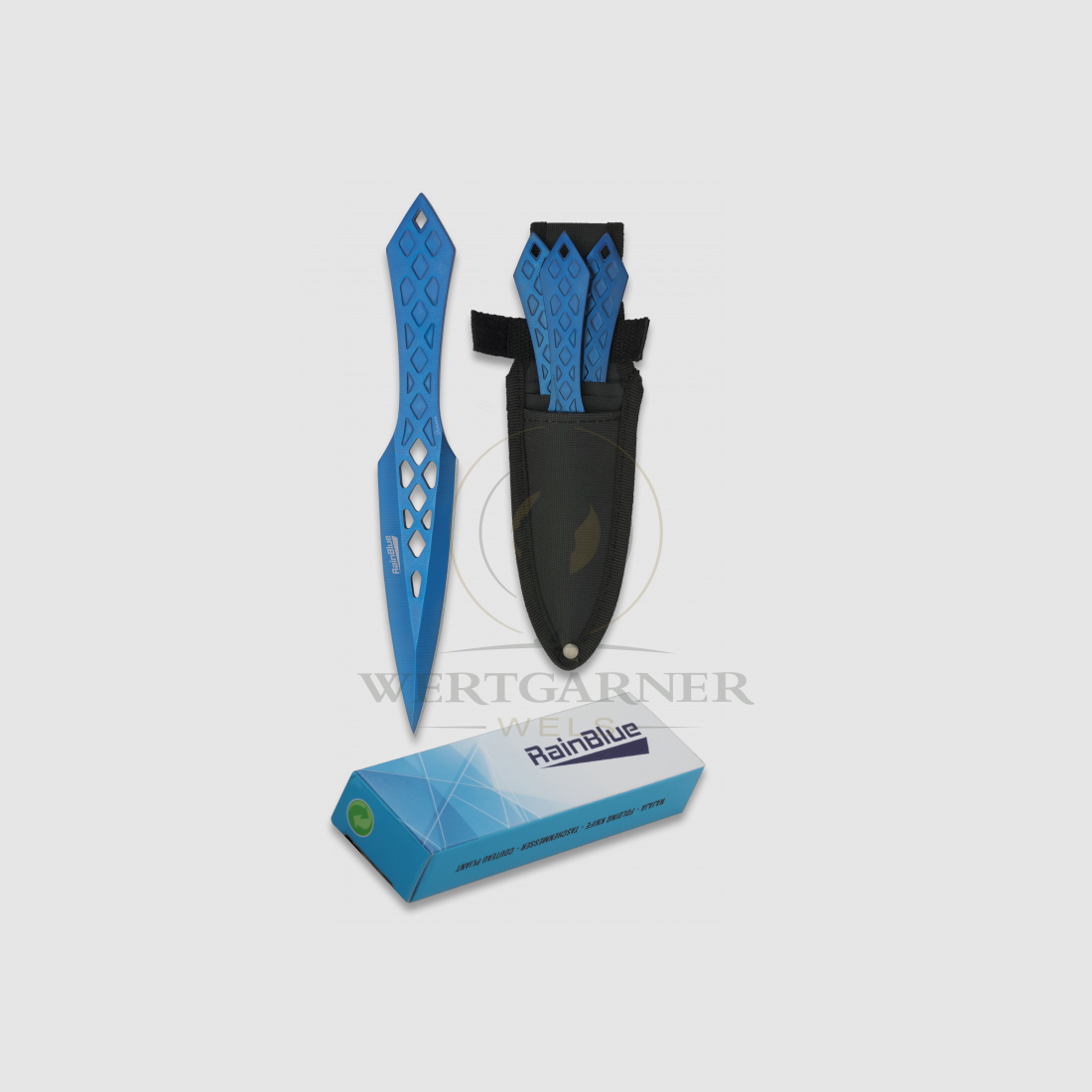 Set 3 Werfer Regenblau mit Scheide