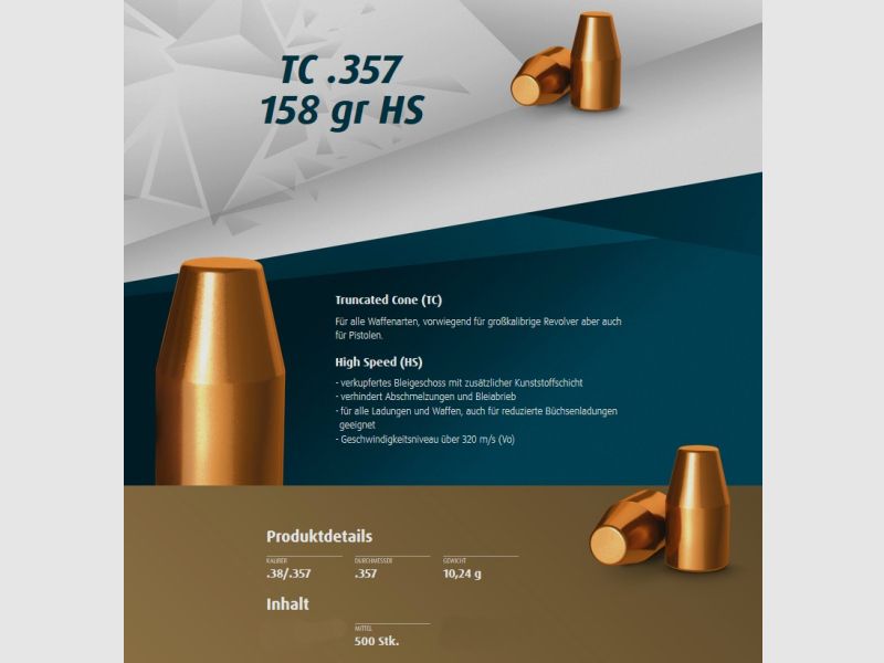 500St. H&N Geschosse .357 TC HS 158grs - .38/.357 | Haendler&Nattermann High Speed