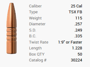 Barnes bullet .25/.257 115GR TSX FB 50 pieces
