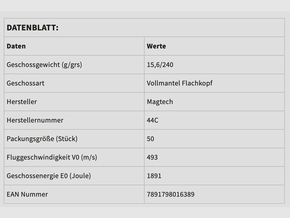 Magtech 144867 .44 Mag. FMJ-Flat 15,55g 240grs. 50 Stück Revolverpatronen
