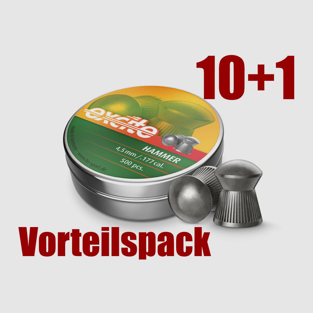 10+1 GRATIS x 500 StĂĽck H&N Excite Hammer Diabolo, Rundkopf, geriffelt, 0,51 g, 7.87 gr, Kaliber 4,5 mm