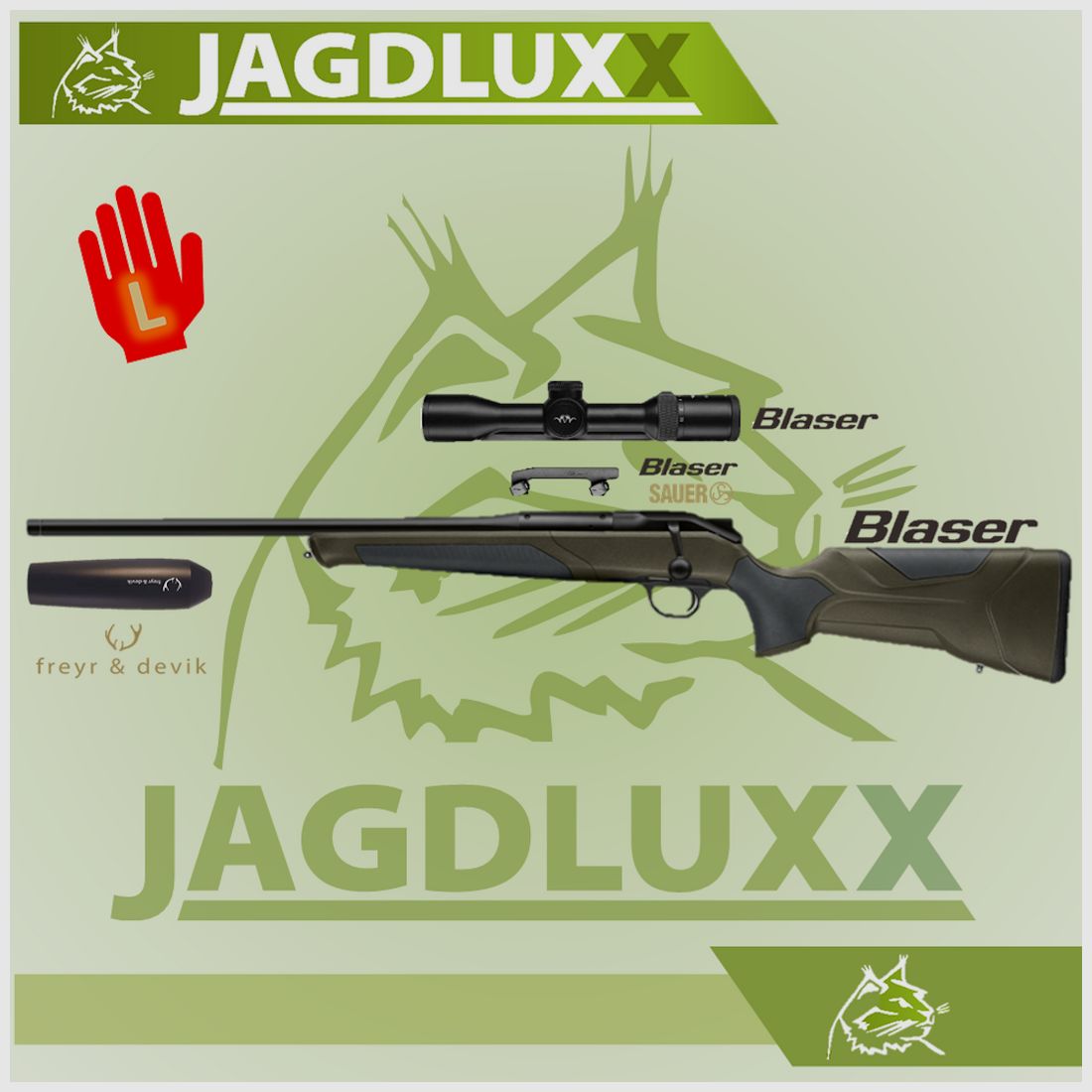 Blaser R8 Professional 2.0 olive foncé arme gauchère avec Blaser B2 et silencieux freyr & devik