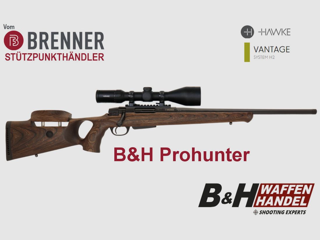 Brenner Komplettpaket: BR20 B&H Prohunter Lochschaft mit Hawke 3-12x56 fertig montiert