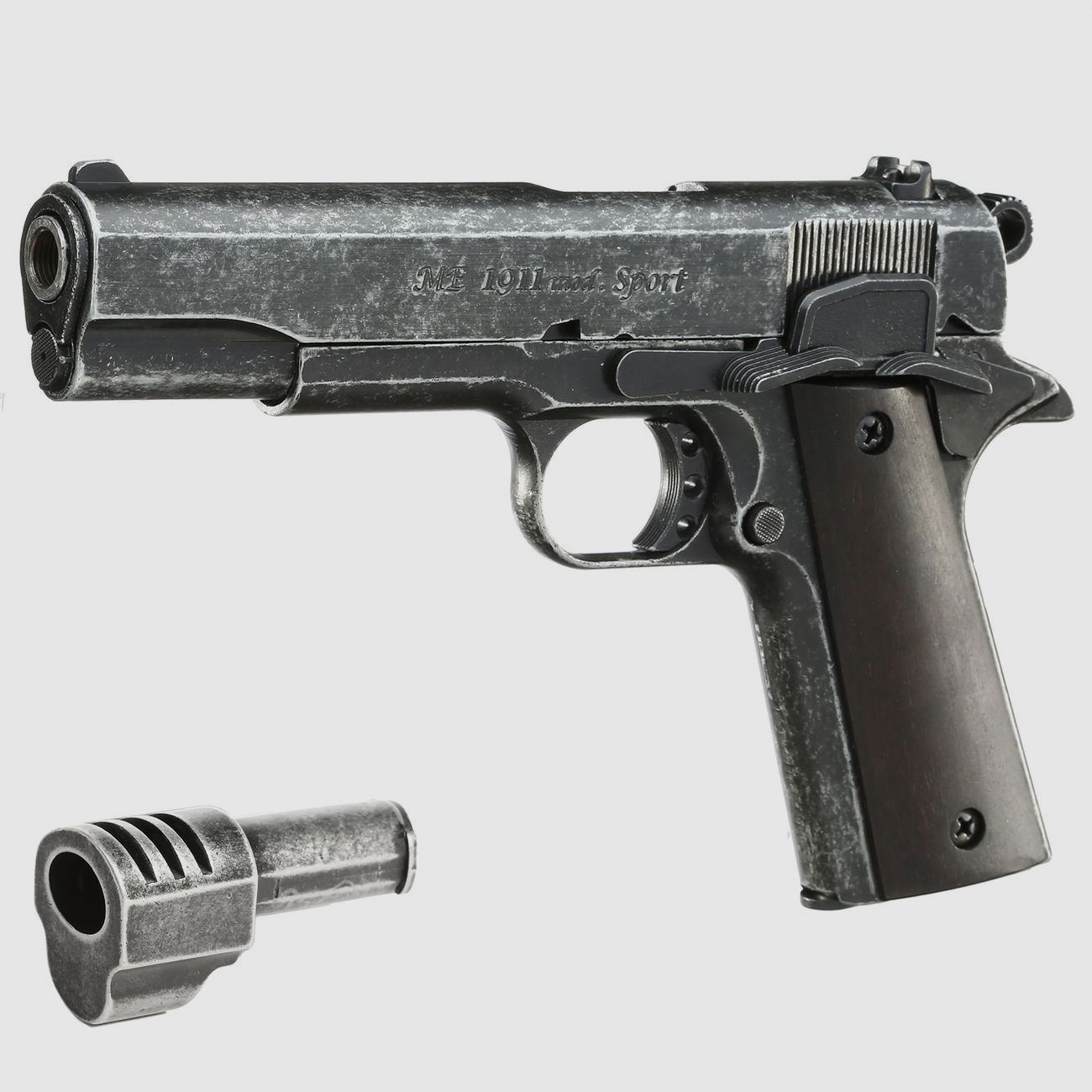 ME 1911 Model Sport, kal. 9 mm P. A. Knal, antiek-uiterlijk, houten grip
