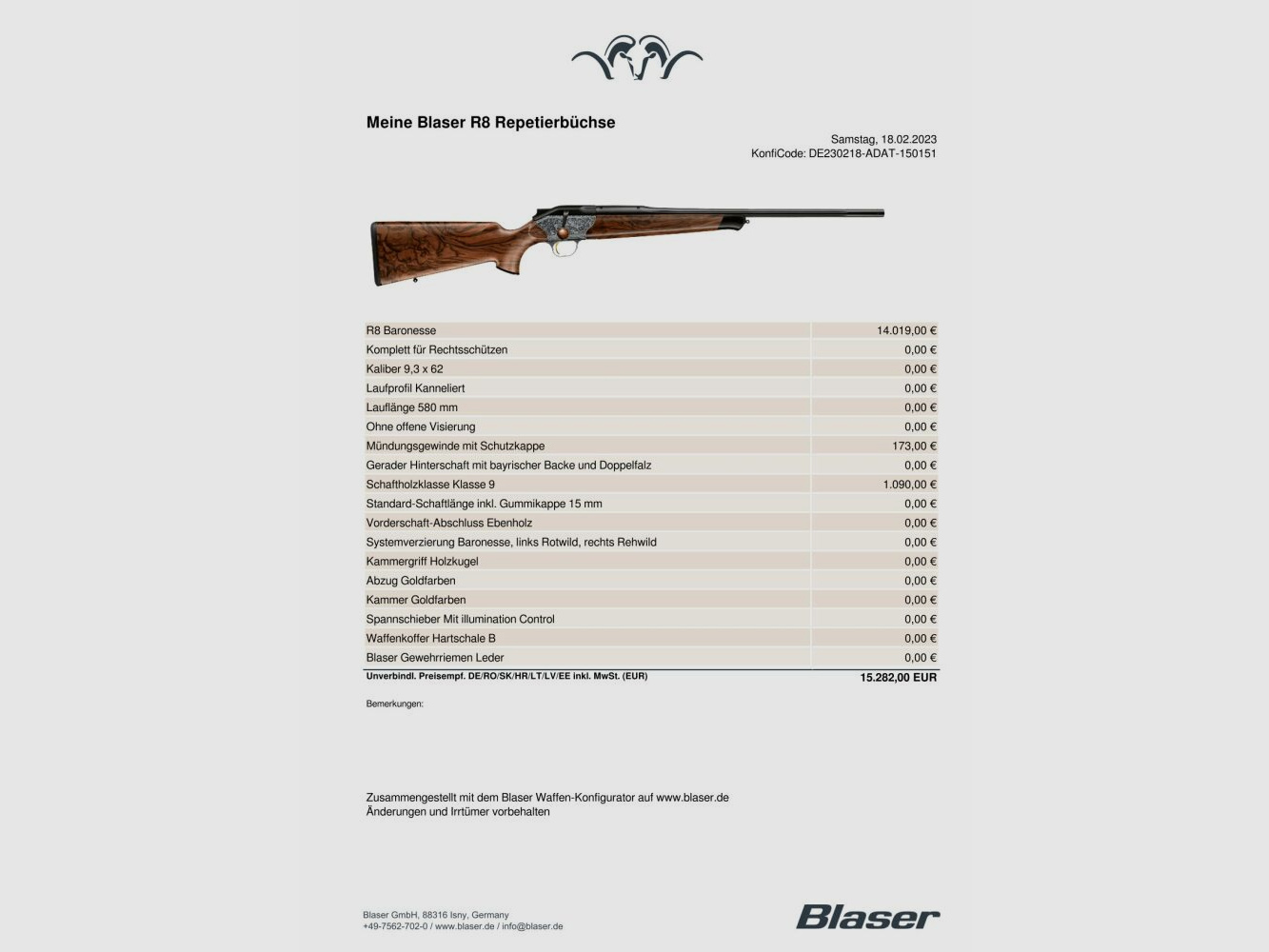 Blaser Blaser Repetierbüchse R8 baronesse	 9,3x62