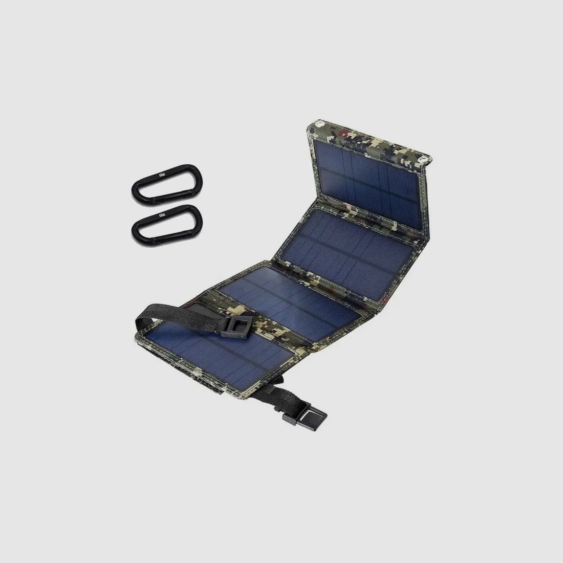 Pequeño panel solar plegable con conexión USB de 10-20 vatios en camuflaje digital verde