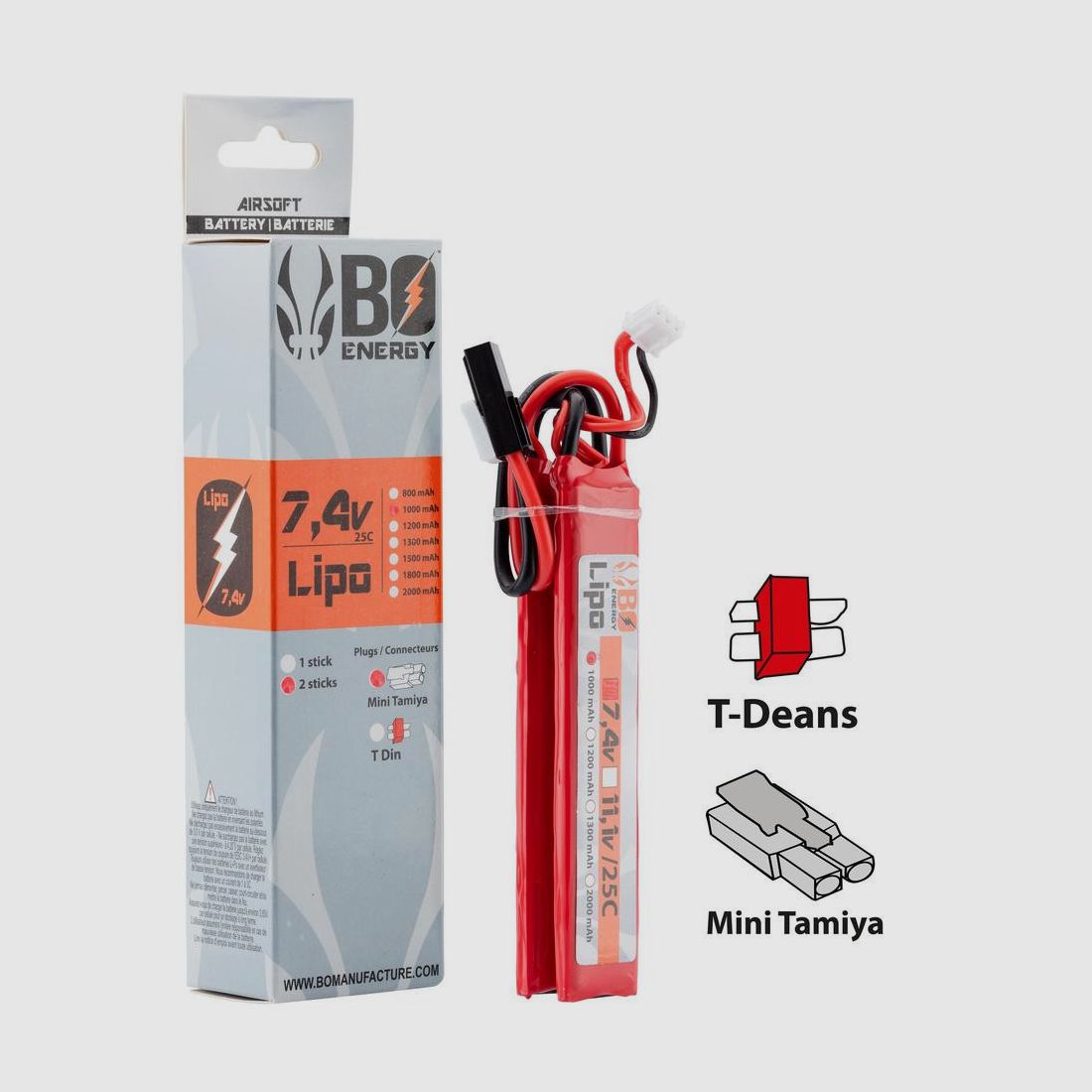LiPo-Batterie 2S 7.4V Bo Manufacture - 1000mAh 25C - Mini Tamiya - Zuverlässige Leistung und Autonomie, Bild 1 von 3