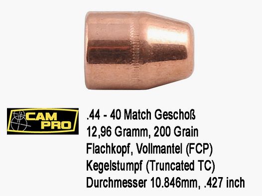 500 x .44-40 Winchester 200 Grain 12,96 Gramm FCP Vollmantel Flachkopf TC 10,84mm Geschoß CAMPRO L44