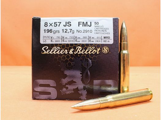 <S&B Sellier & Bellot Patronen 8x57JS S&B/ Sellier&Bellot 196grs FMJ (2910/3) VE 50 Patronen/ 12,7g Volle Mantel
