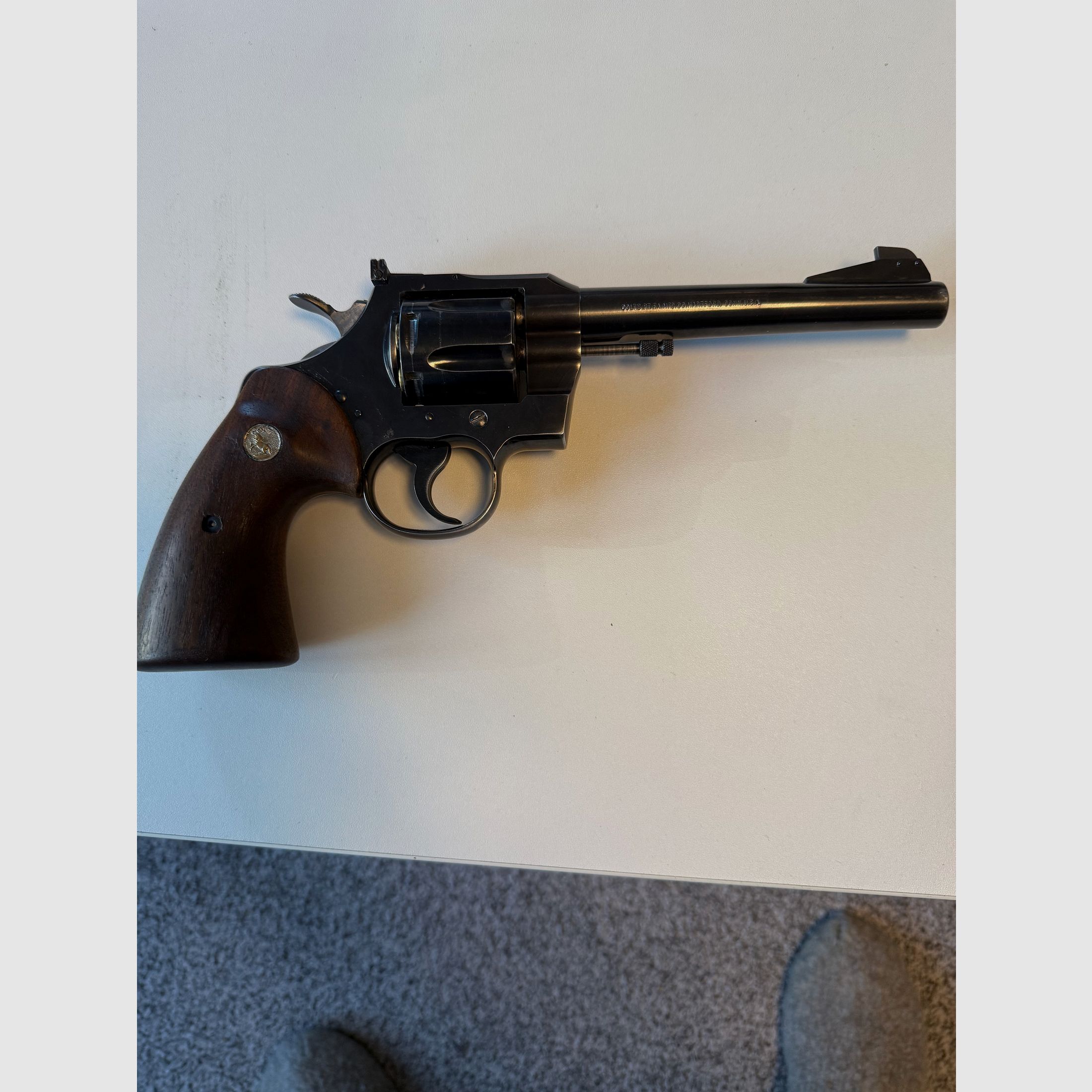 Colt Officer Model Match .38 Special 6 inch barrel cylinder capacity 6 cartridges a sport grip right wood