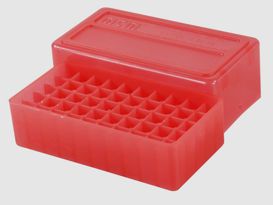 MTM Patronenbox E50-38-29 rot klar mit Stülpdeckel f. 50 Patronen .38 Spec. u.w.