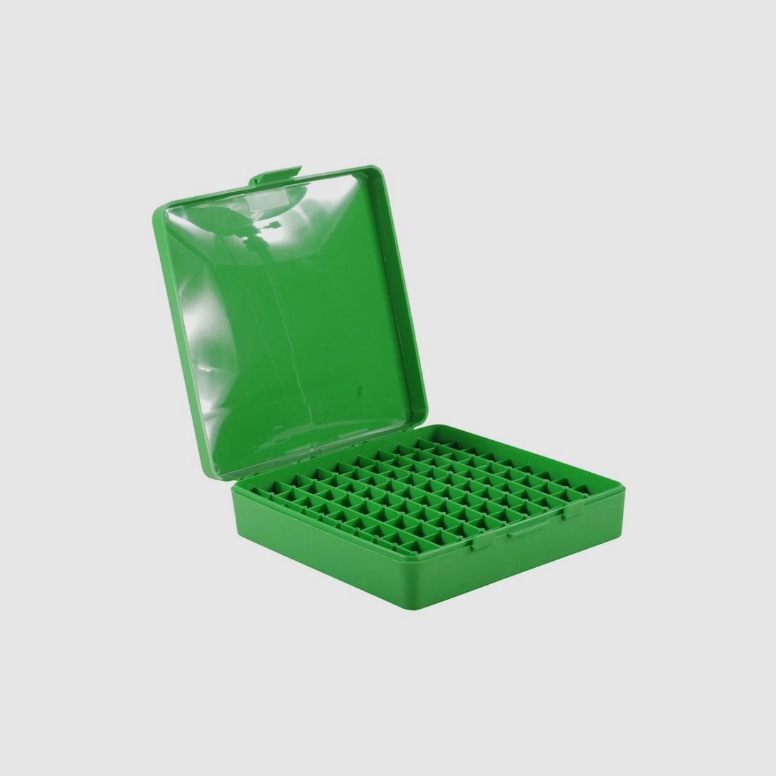 Boîte de cartouches MTM P-100-45-10 verte avec couvercle rabattable pour 100 cartouches .45 ACP et autres.