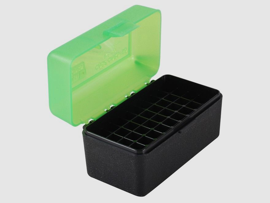 MTM scatola per cartucce RS-50-16T verde/nera con coperchio a ribalta per 50 cartucce .17 e inferiori.