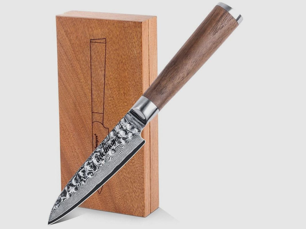 adelmayer® Damastmesser Schälmesser 9,3 cm handgeschliffen und mit Walnussgriff