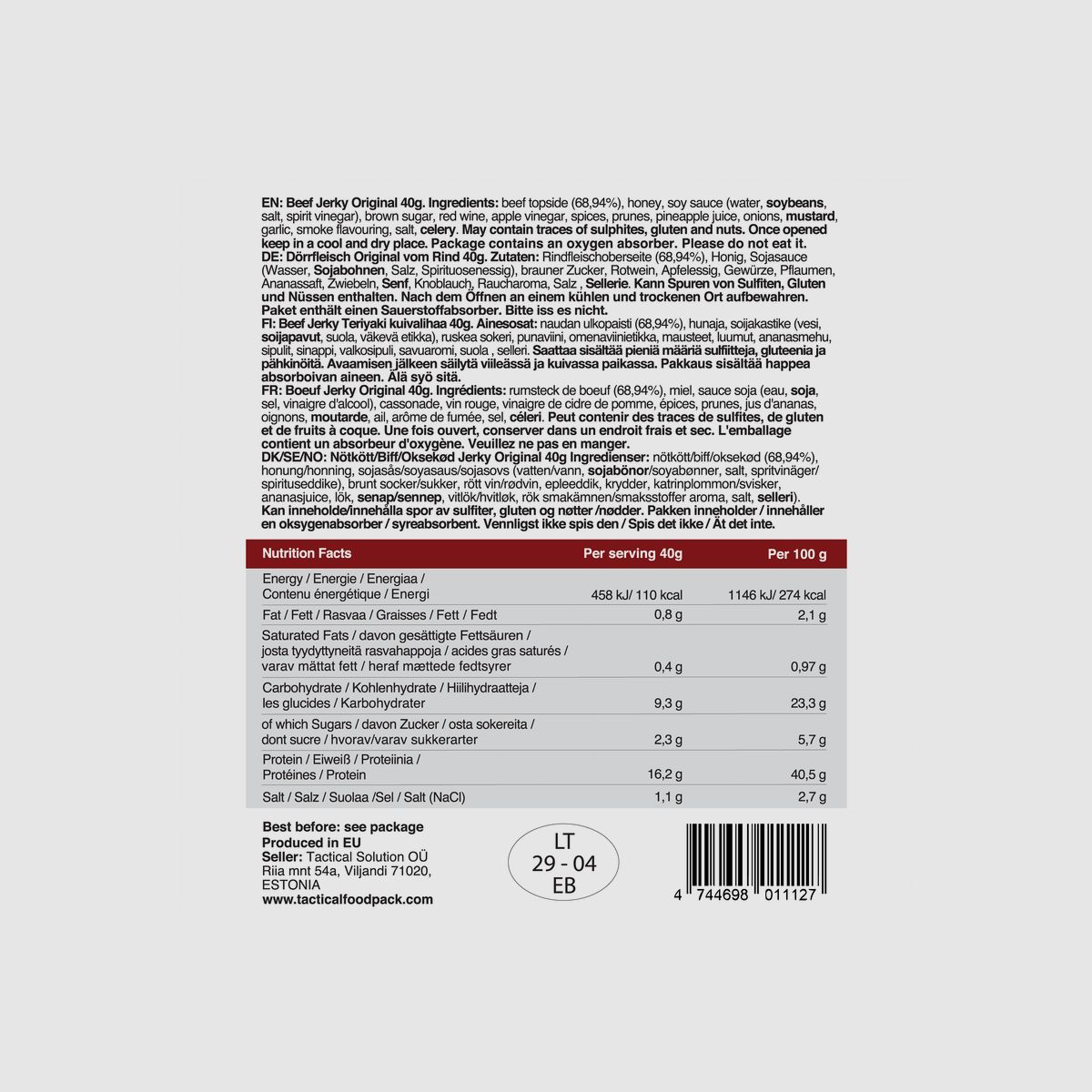 TACTICAL FOODPACK Beef Jerky Original 40g