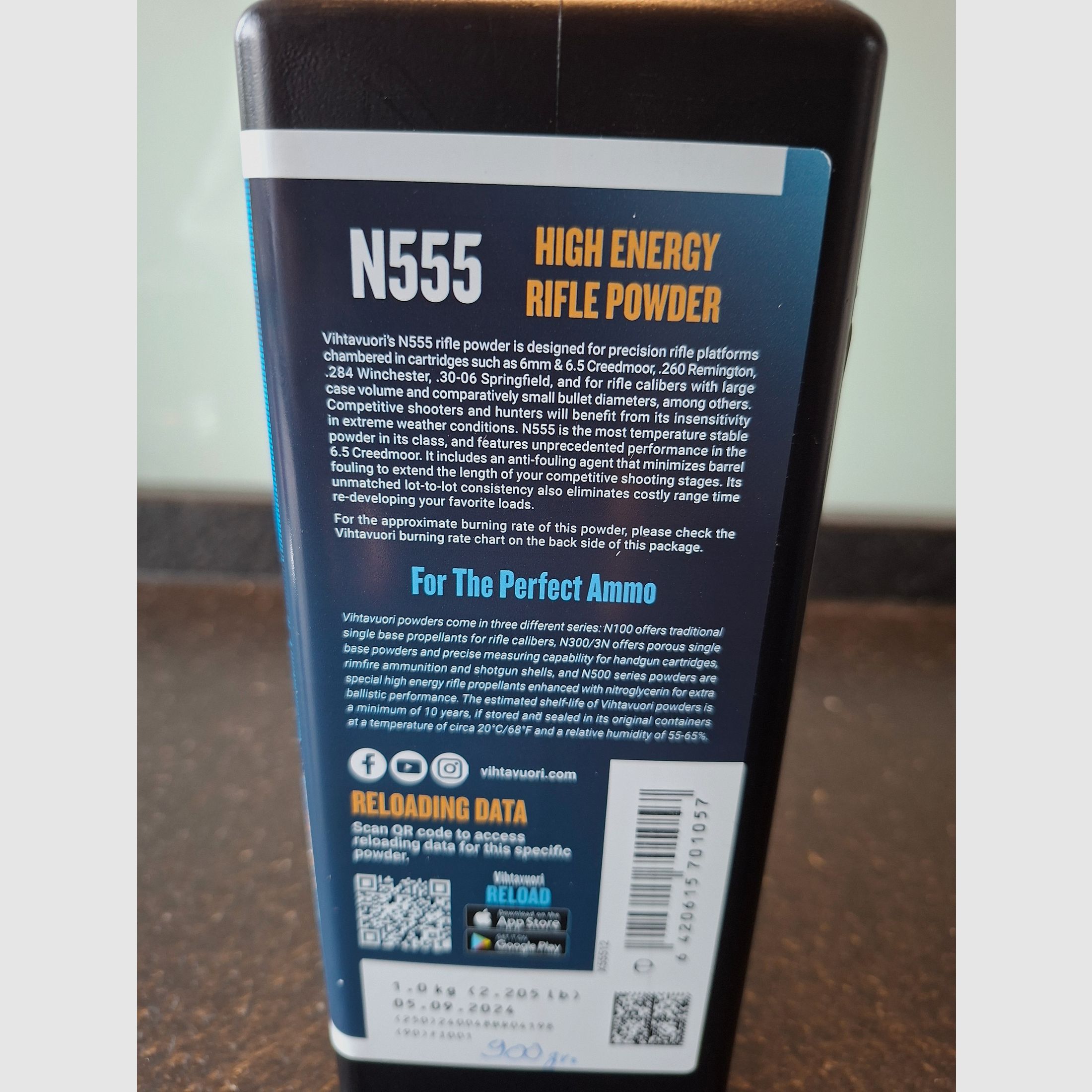 Vihtavuori N555 poudre à chargement de propulsion 900 g.