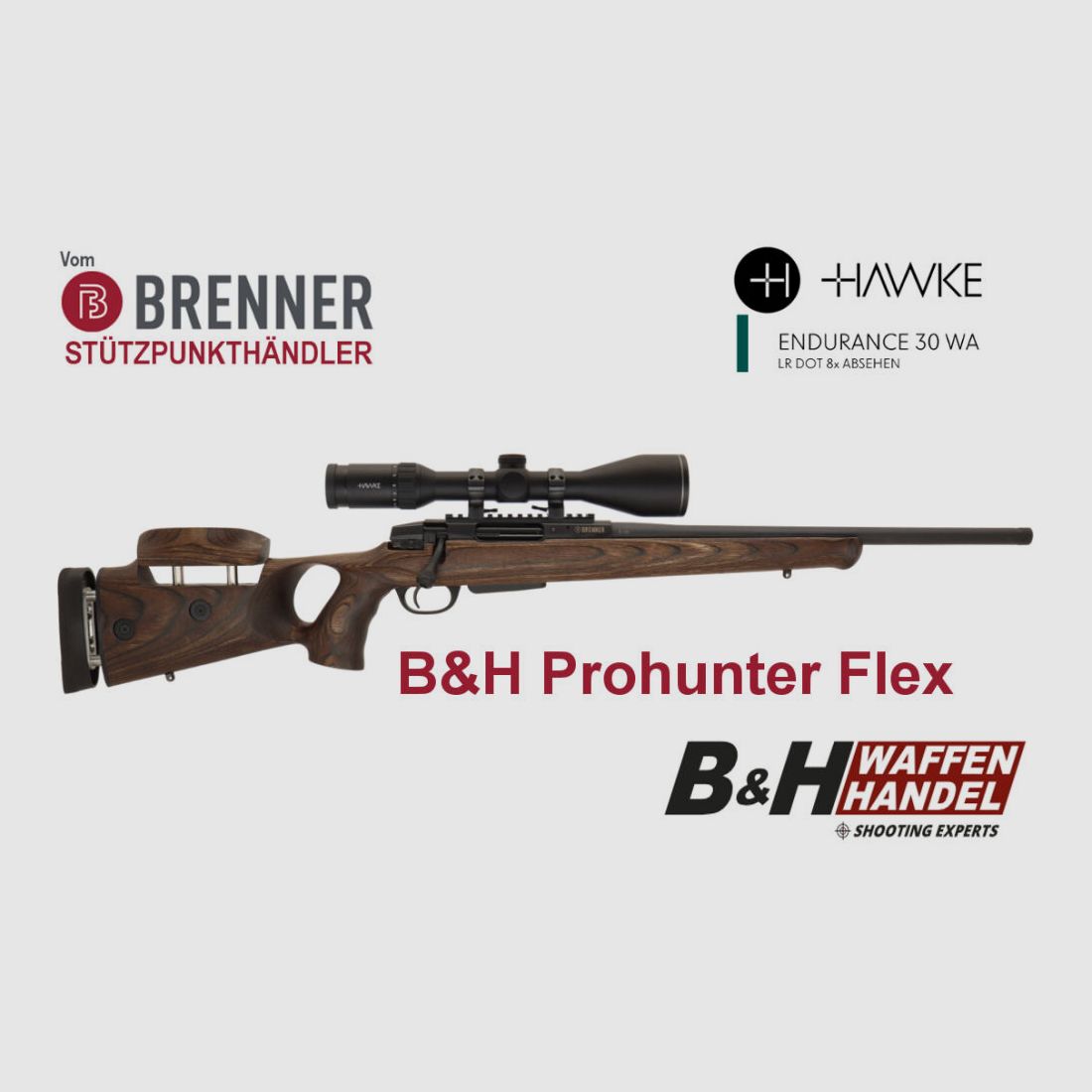 Brenner Komplettpaket: BR20 B&H Prohunter Flex Lochschaft mit Hawke Endurance 3-12x56 fertig montiert