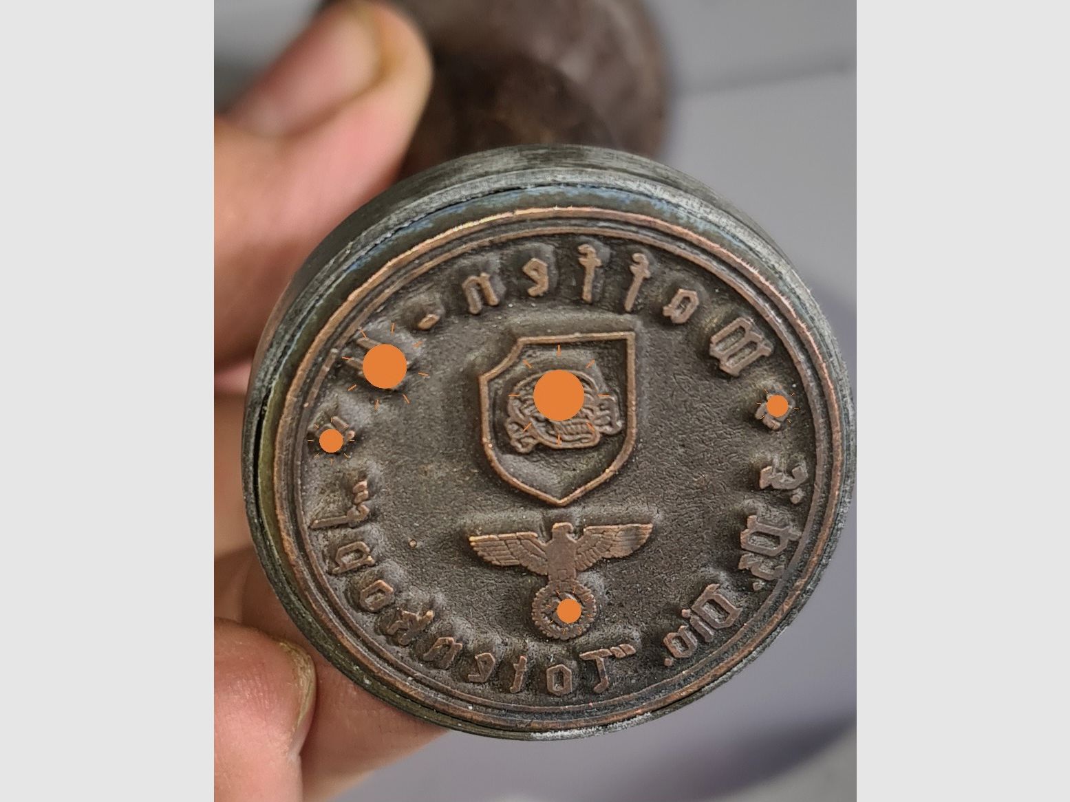 SEVERAL DECORATIVE ITEMS FROM THE WEHRMACHT ERA 1939 - 1945 / ASHTRAY, MEDAL, LAPEL PIN, PIN, STAMPING IRON, STAMP, GRENADE, SHELL, FLACK, SHELL, CARTRIDGE, SS, HJ, SA, WAR, METAL,