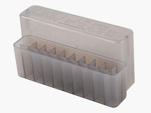 Caja de cartuchos MTM J-20-XS-41 transparente con tapa para 20 cartuchos .17 y menos.