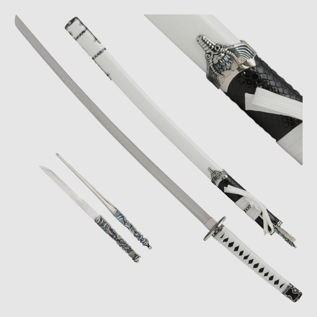 Samuraischwert mit Beimessern Katana weiss Drache