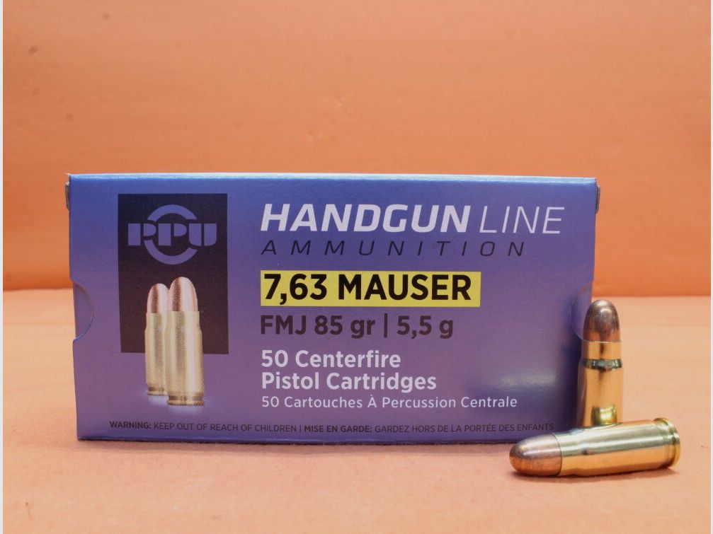PPU First Partizan Cartridge 7.63mm Mauser First Partizan 85grs FMJ VE 50 cartridges (A-413)/ 5.5g full metal jacket