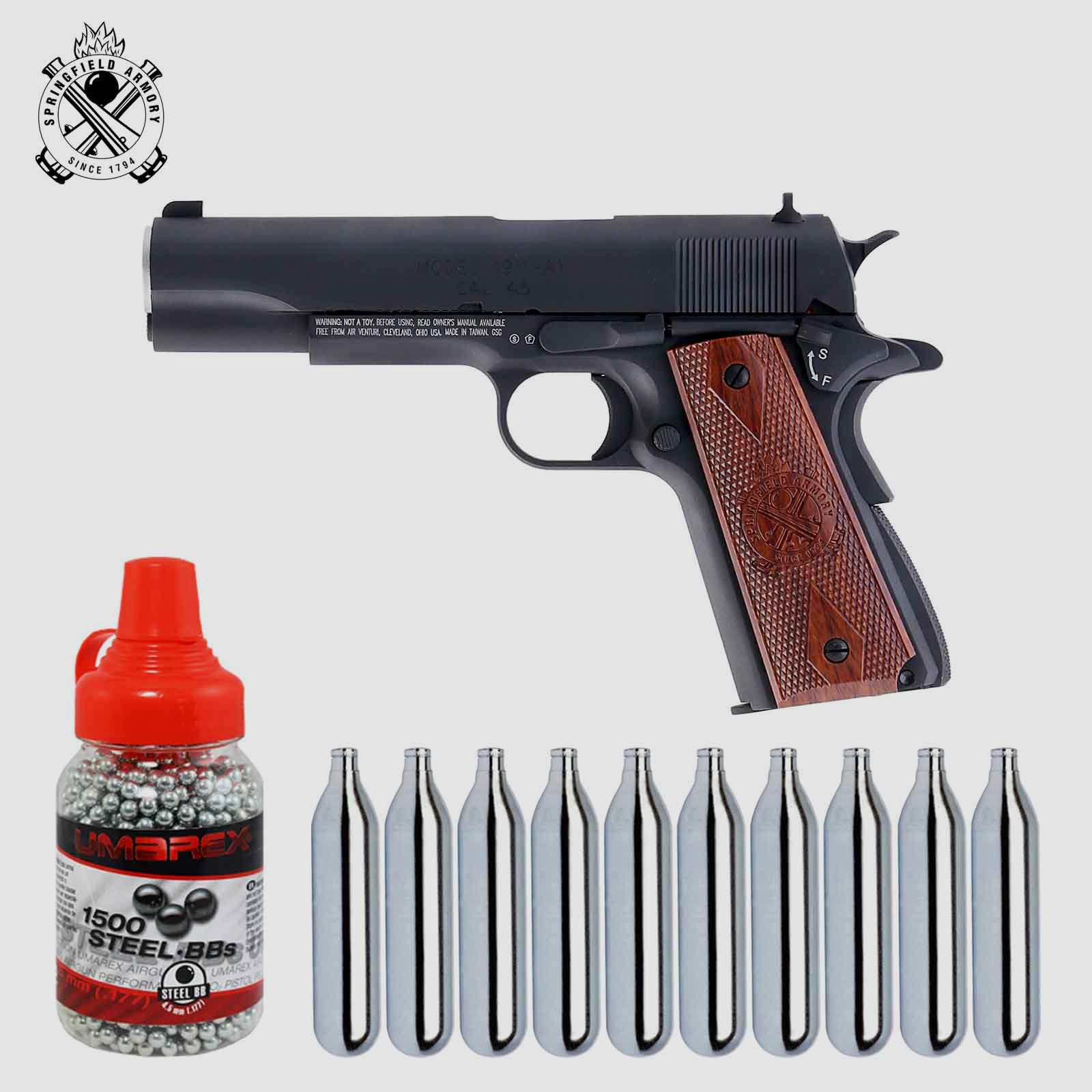 SET Springfield 1911 Vollmetall 4,5 mm BB Blowback Co2-Pistole (P18)
