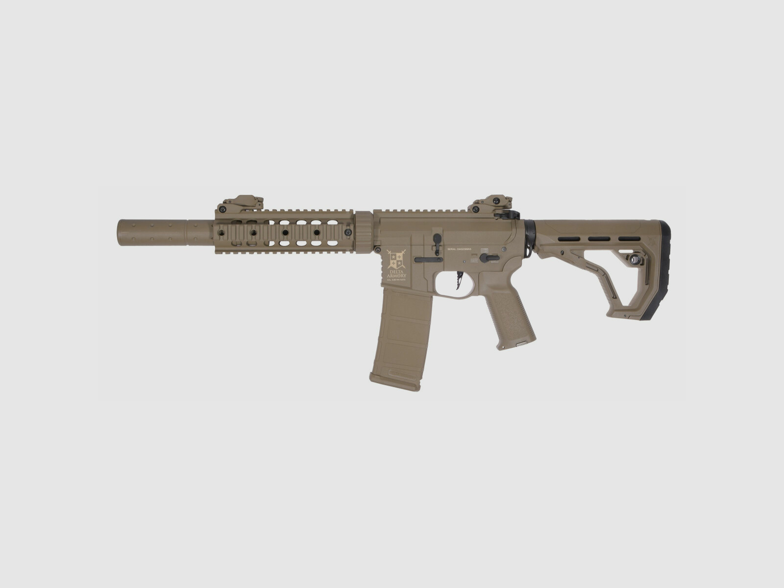 AR15 SilentOps 7 pulgadas CHARLIE EAGLE ETU Tan S-AEG Rifle Airsoft Libre a partir de 18 años | Delta Armory