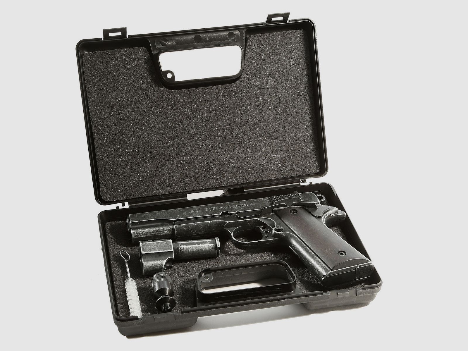 ME 1911 Model Sport, kal. 9 mm P. A. Knal, antiek-uiterlijk, houten grip