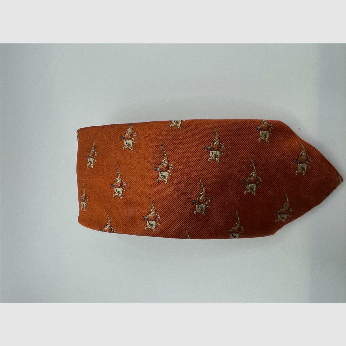 Robert Keyte tie 100% silk orange motif pheasant: cock and 2 hens