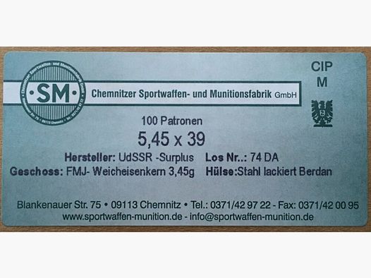 SM 5,45x39 SM FMJ Surplus Munition (3,45g / 53grs) – 100 Stk. lackiert