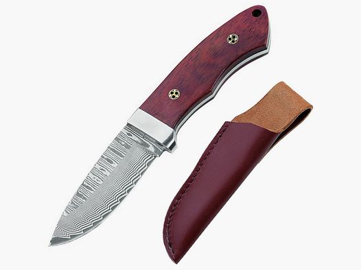 Coltello in damasco, 71 strati, legno di rosa, perni a mosaico, fodero in pelle