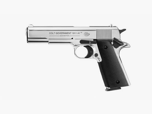 Colt Government 1911 A1 9 mm P.A.K., Polished Chrome-Finish Schreckschusspistole 
                Colt Government 1911 A1 Schreckschusspistole