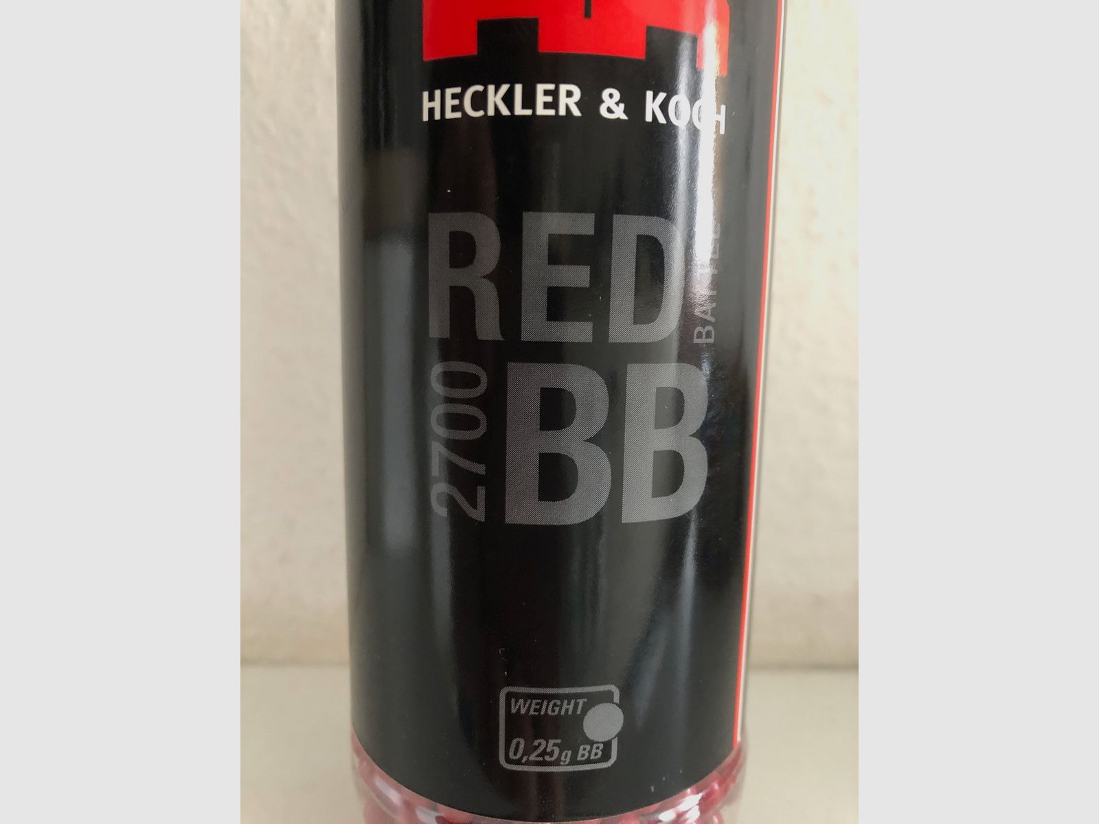 Heckler & Koch, Rote Battle BBs, Flasche, 0, 25 g, geöffnete fast volle Flasche (2700 Stück Inhalt), Softair