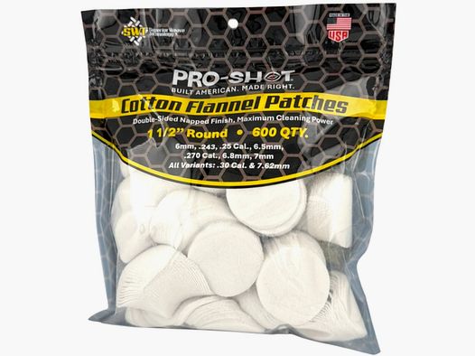 PRO SHOT 1 1/2" RUNDEN BAUMWOLLPATCHES 6MM - .30 KAL 600 STÜCK