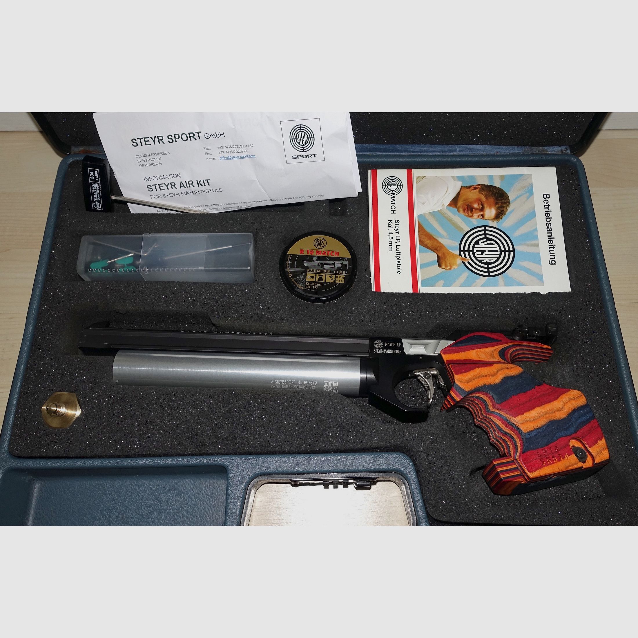 TOP Steyr LP pistola da match ad aria compressa con nuova impugnatura + nuova cartuccia + accessori